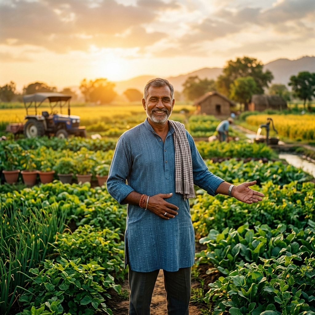 Successful Indian farmer standing proudly