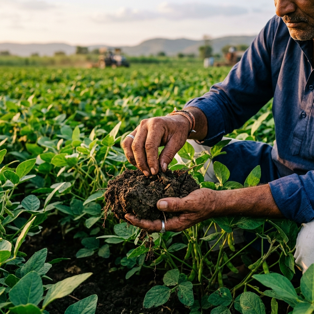 Indian farmer's hands examining healthy soil and crops